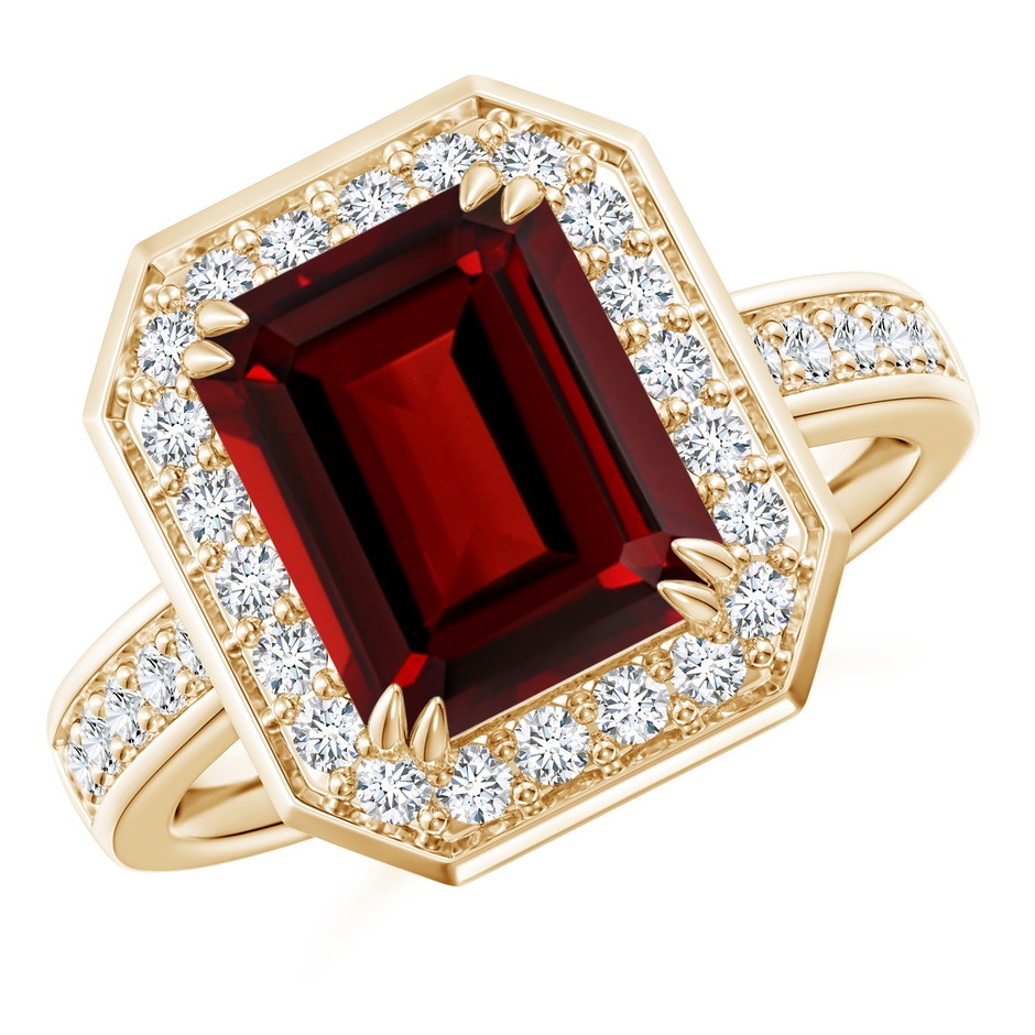 10x8mm AAAA Emerald-Cut Garnet Engagement Ring with Diamond Halo in Yellow Gold 
