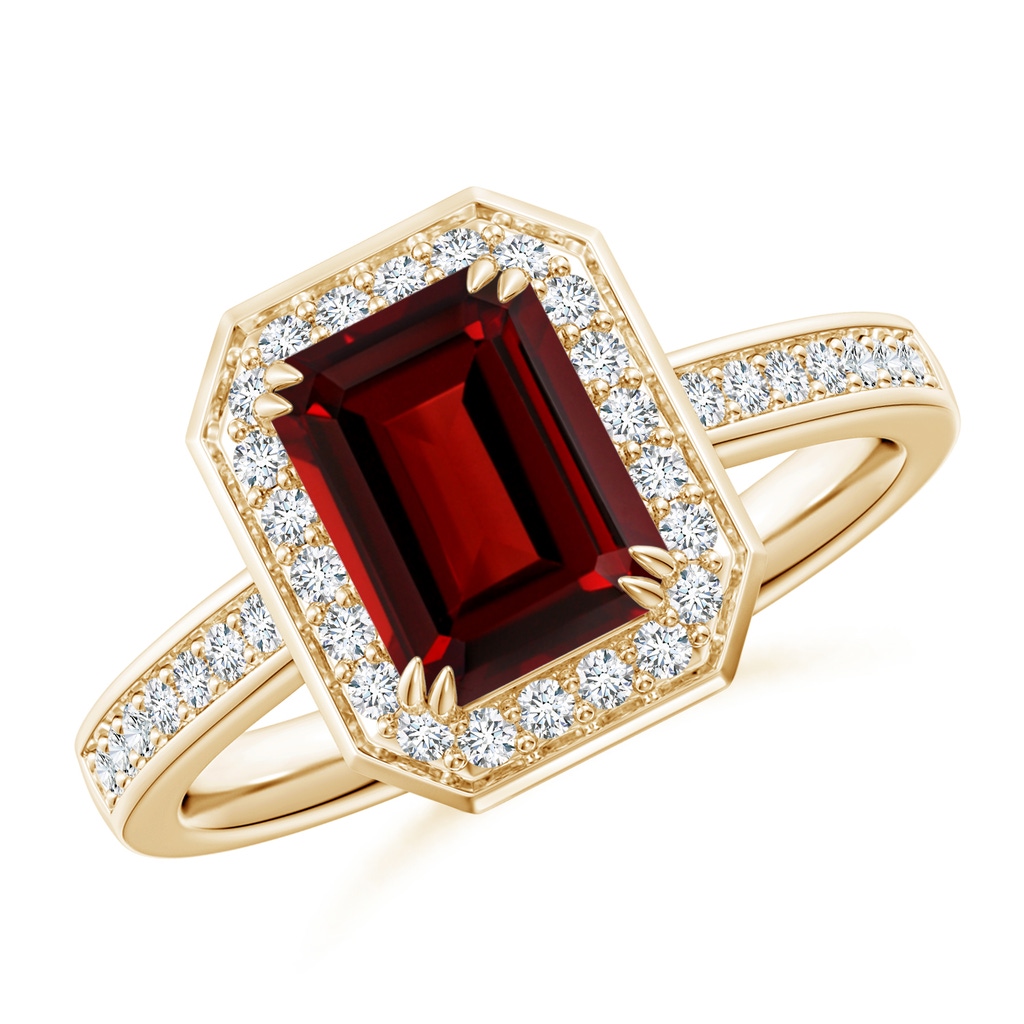 8x6mm AAAA Emerald-Cut Garnet Engagement Ring with Diamond Halo in Yellow Gold