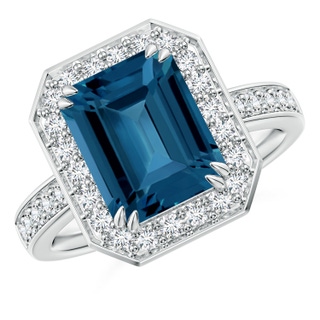 10x8mm AAA Emerald-Cut London Blue Topaz Engagement Ring with Halo in White Gold