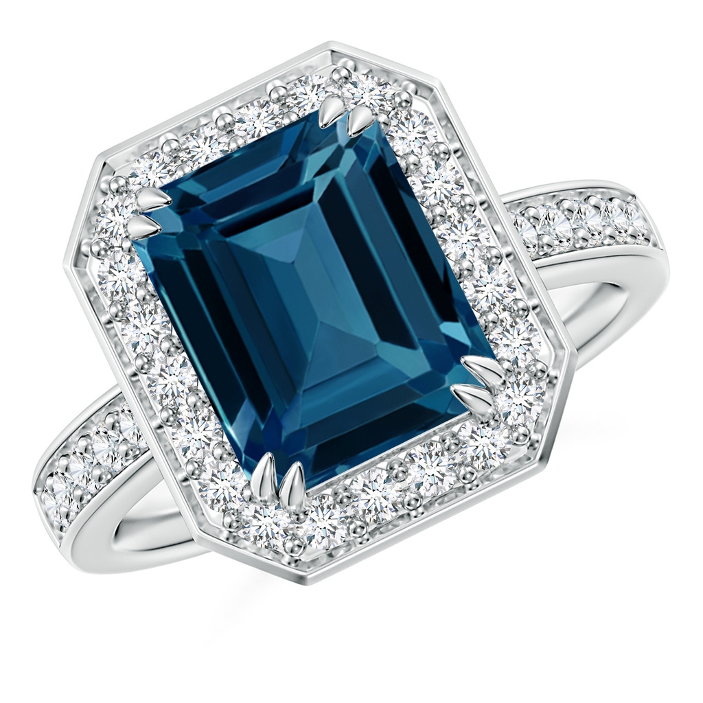 10x8mm AAAA Emerald-Cut London Blue Topaz Engagement Ring with Halo in P950 Platinum