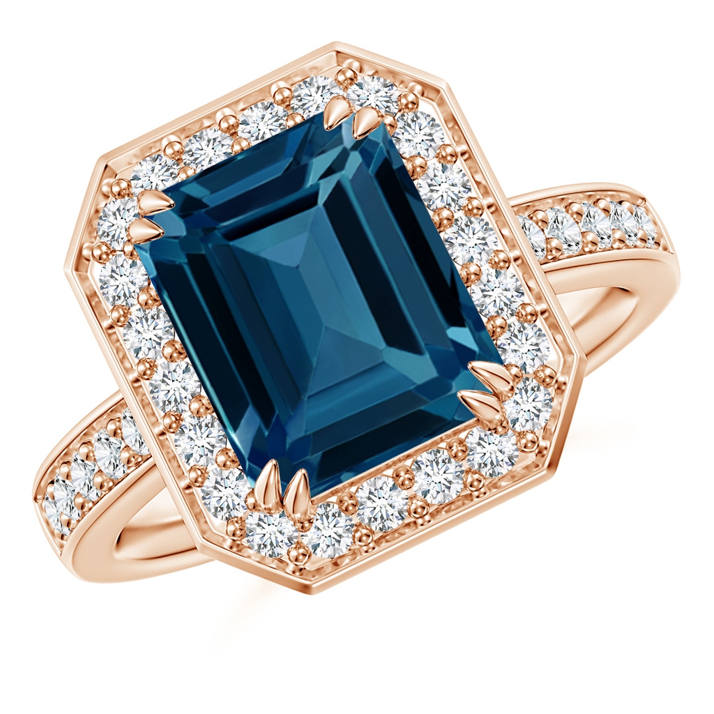 10x8mm AAAA Emerald-Cut London Blue Topaz Engagement Ring with Halo in Rose Gold