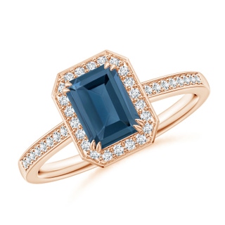 7x5mm A Emerald-Cut London Blue Topaz Engagement Ring with Halo in 9K Rose Gold