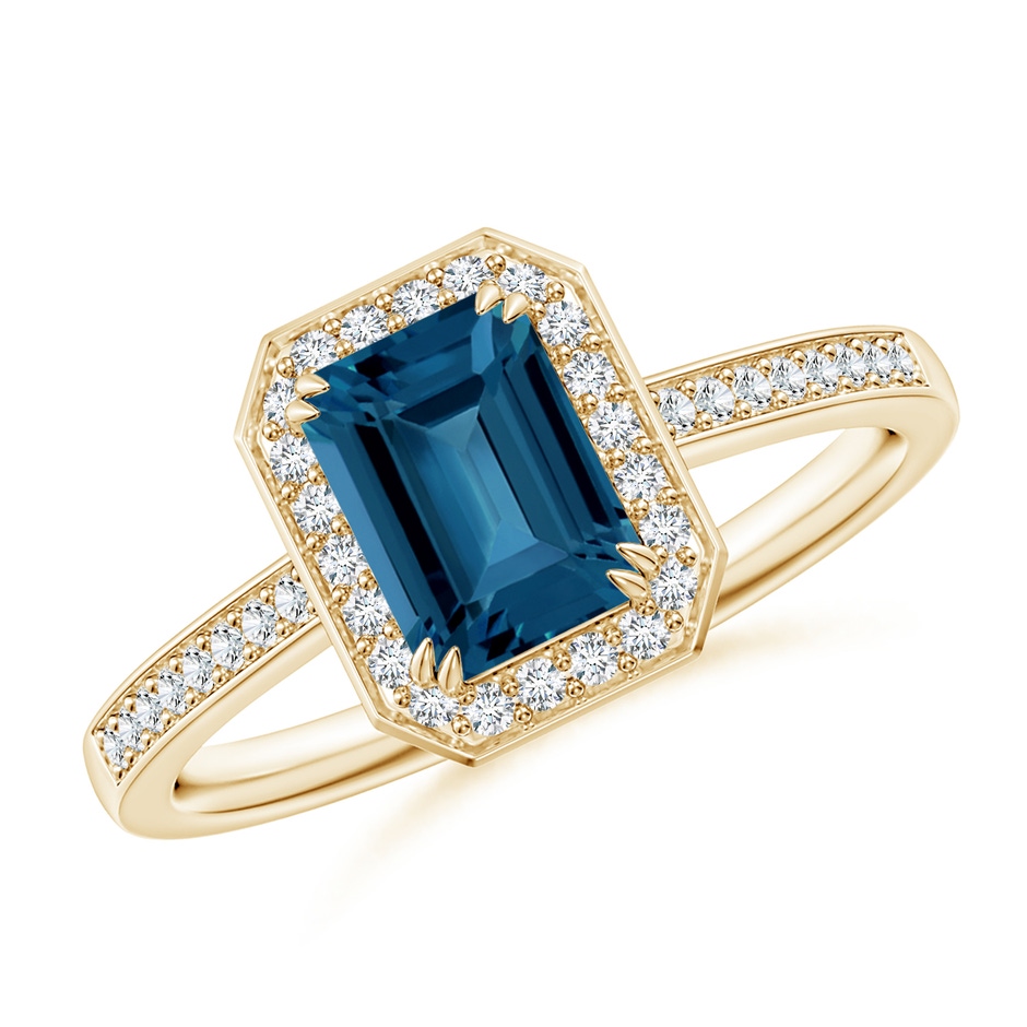 7x5mm AAA Emerald-Cut London Blue Topaz Engagement Ring with Halo in Yellow Gold 