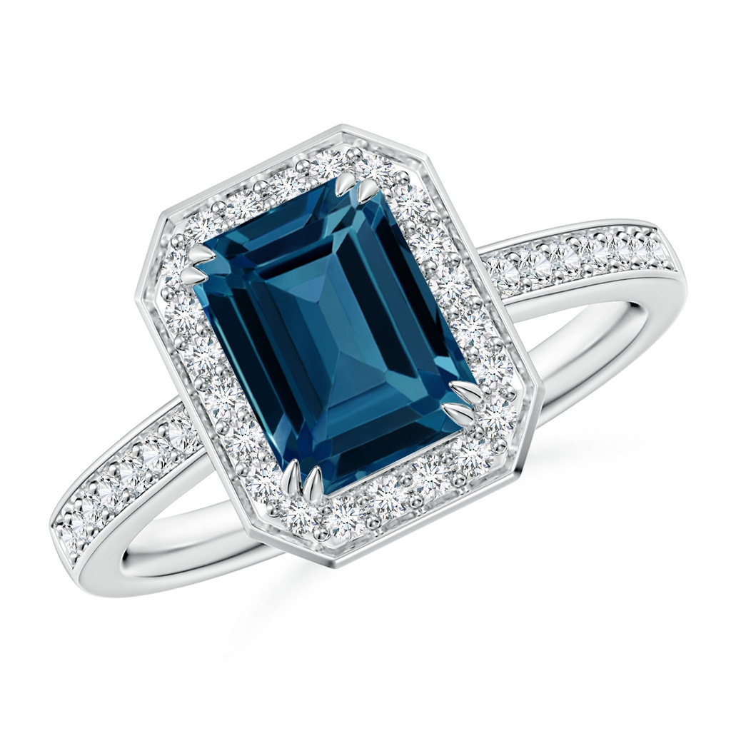 8x6mm AAAA Emerald-Cut London Blue Topaz Engagement Ring with Halo in White Gold