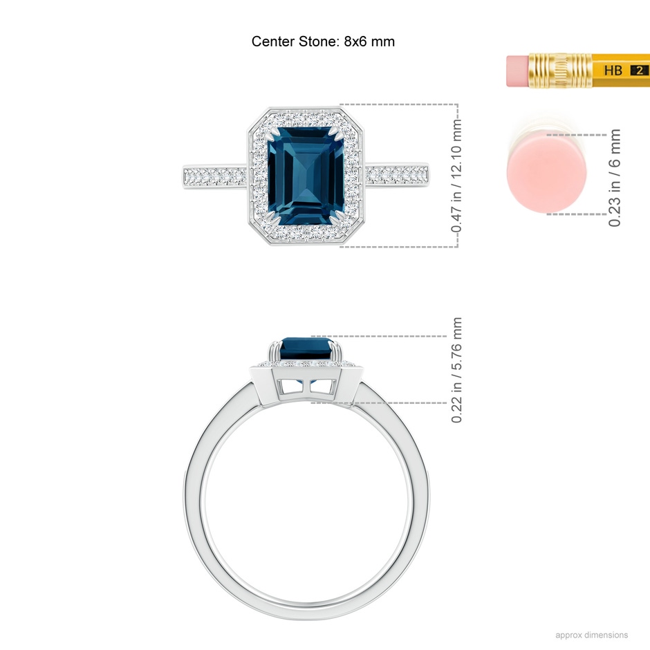 8x6mm AAAA Emerald-Cut London Blue Topaz Engagement Ring with Halo in White Gold ruler