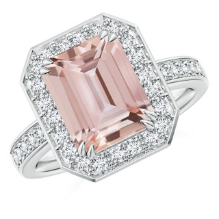 10x8mm AAA Emerald-Cut Morganite Engagement Ring with Diamond Halo in White Gold