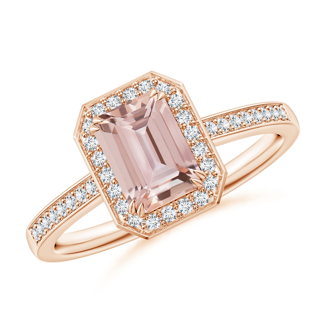 7x5mm AAA Emerald-Cut Morganite Engagement Ring with Diamond Halo in Rose Gold