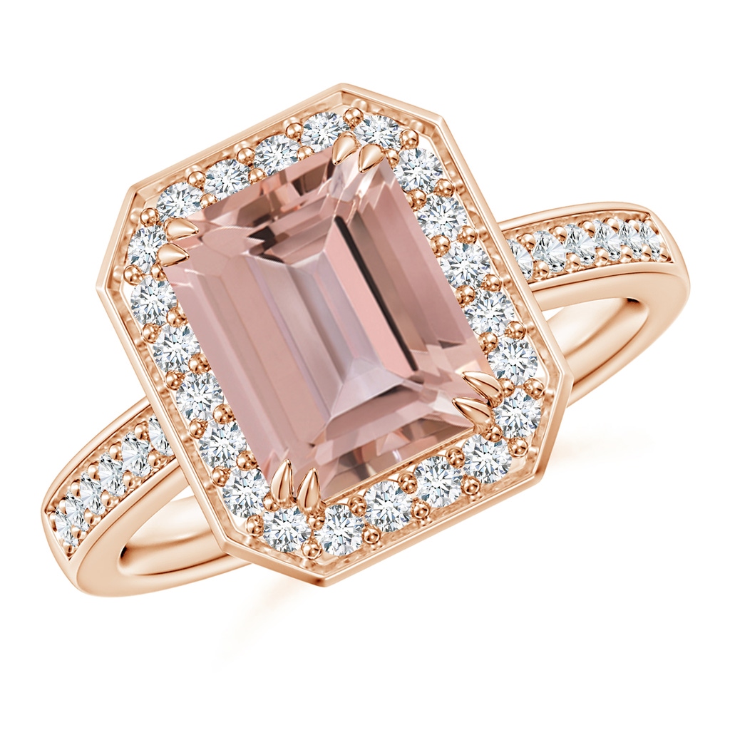 9x7mm AAAA Emerald-Cut Morganite Engagement Ring with Diamond Halo in Rose Gold