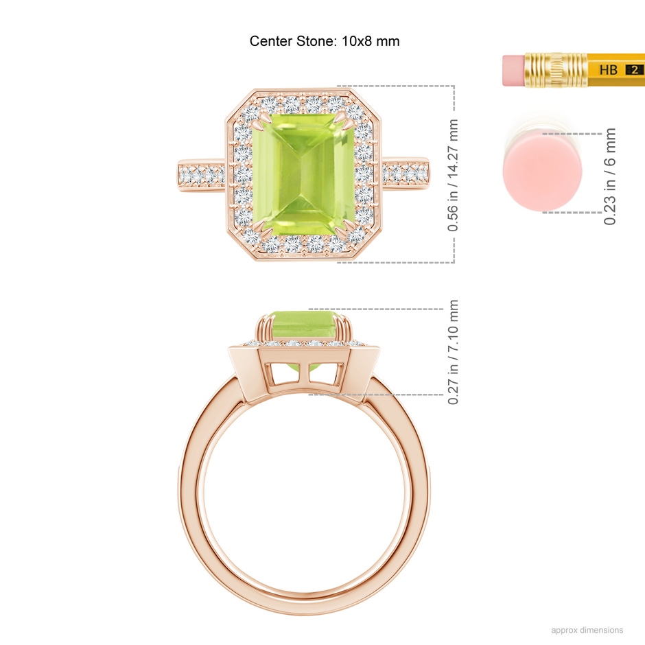 10x8mm A Emerald-Cut Peridot Engagement Ring with Diamond Halo in Rose Gold ruler