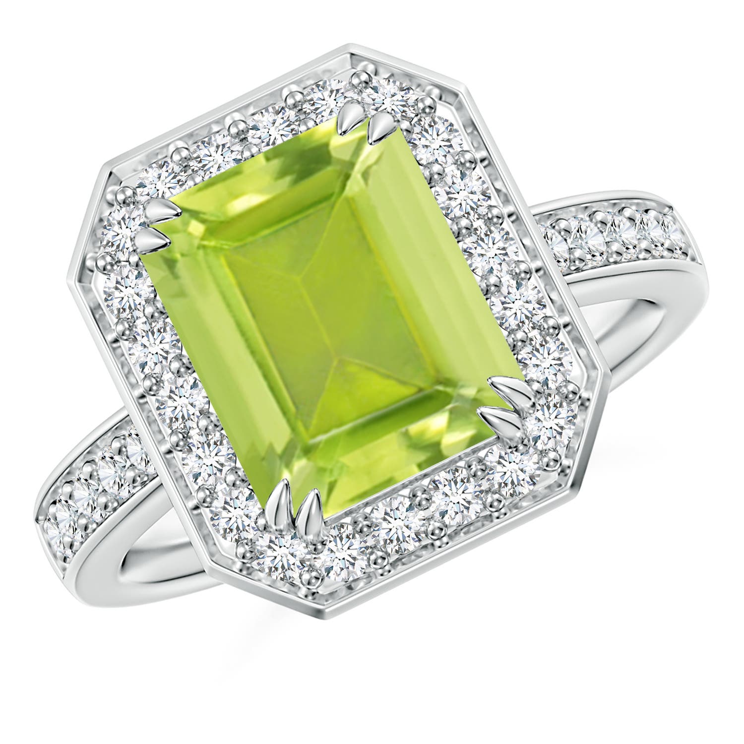 10x8mm AA Emerald-Cut Peridot Engagement Ring with Diamond Halo in P950 Platinum