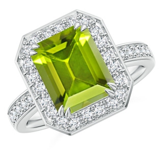 10x8mm AAA Emerald-Cut Peridot Engagement Ring with Diamond Halo in P950 Platinum