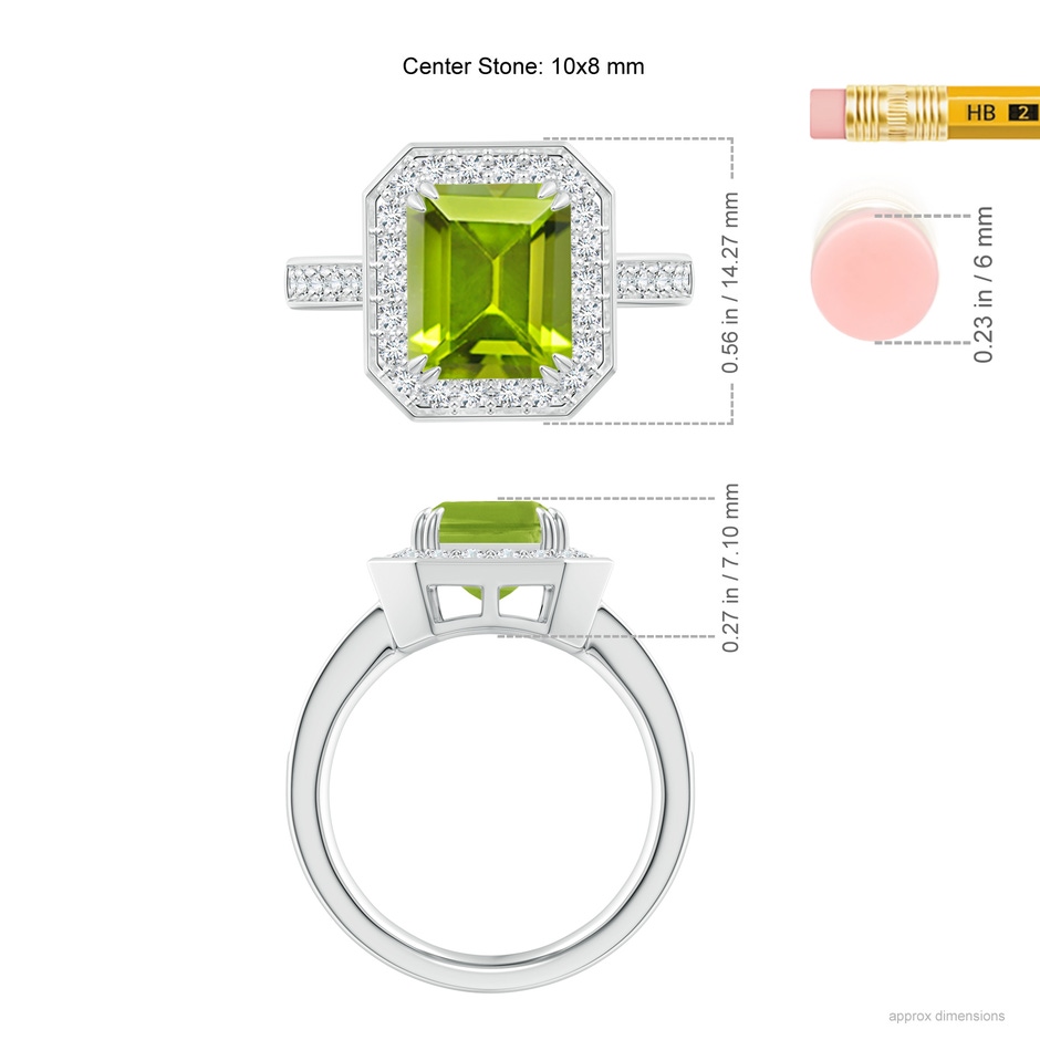 10x8mm AAA Emerald-Cut Peridot Engagement Ring with Diamond Halo in White Gold ruler