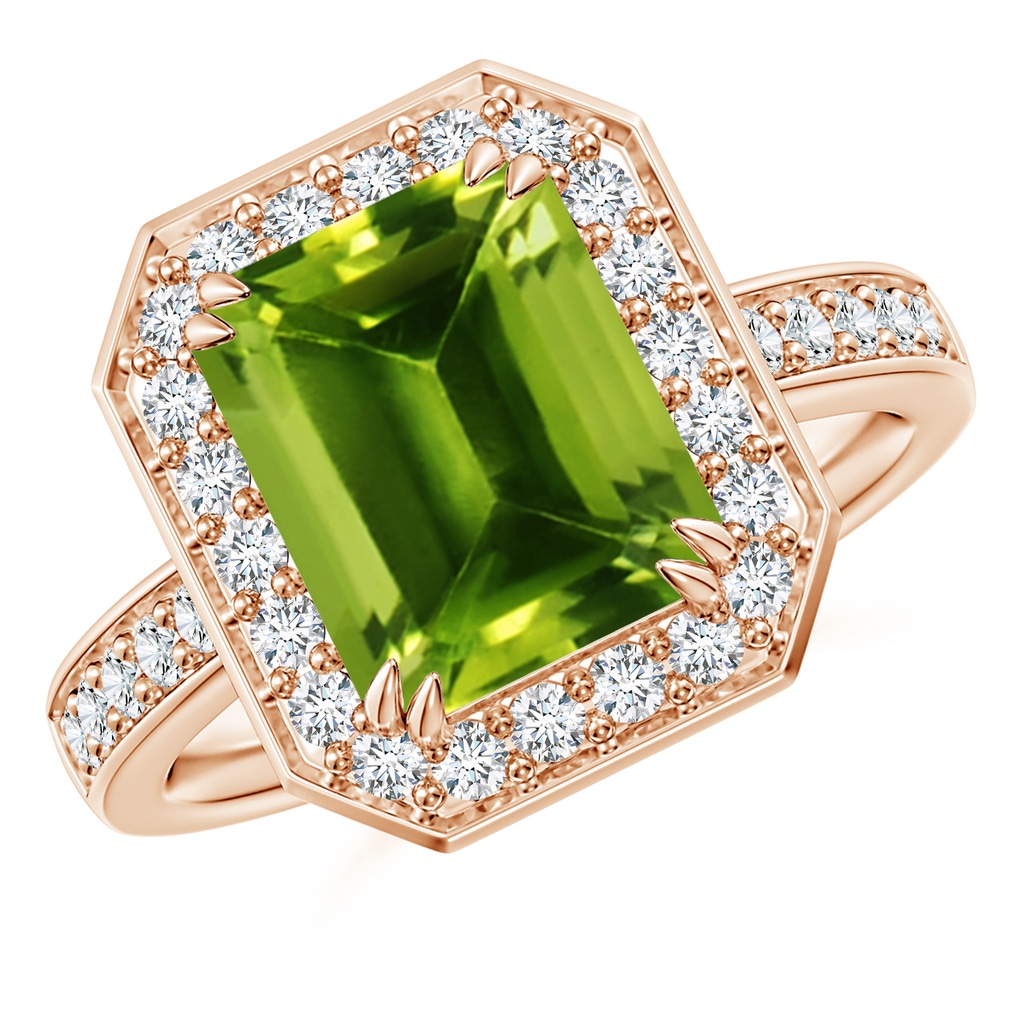 10x8mm AAAA Emerald-Cut Peridot Engagement Ring with Diamond Halo in Rose Gold