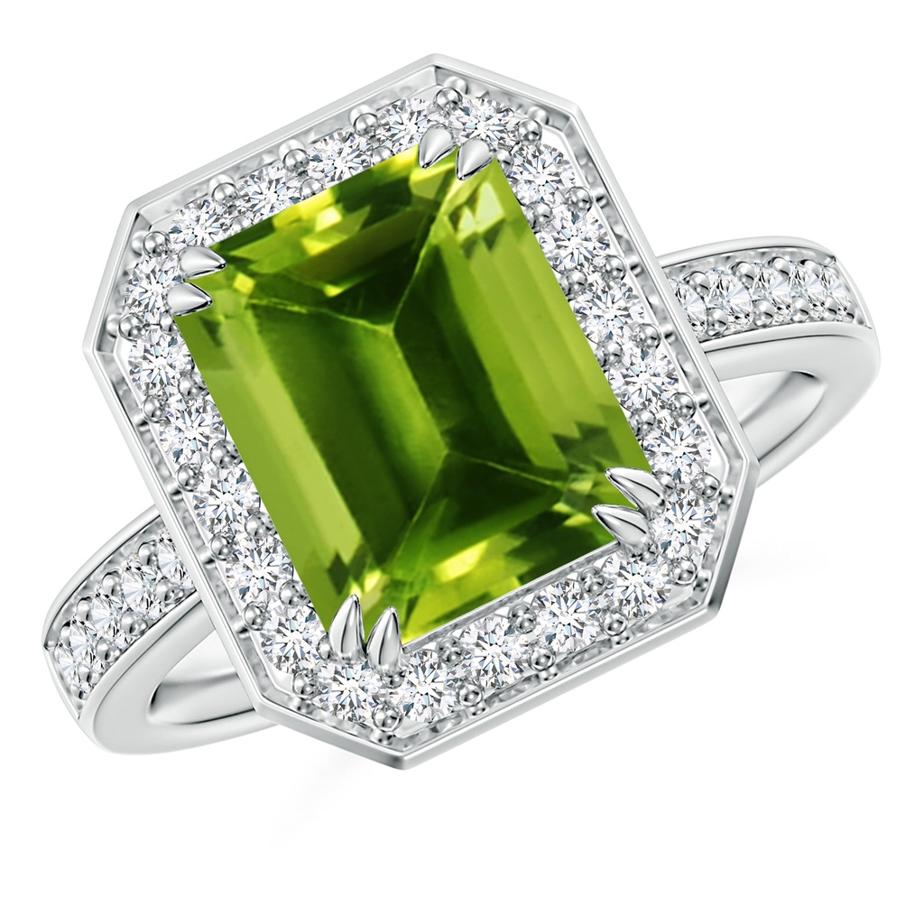 10x8mm AAAA Emerald-Cut Peridot Engagement Ring with Diamond Halo in White Gold