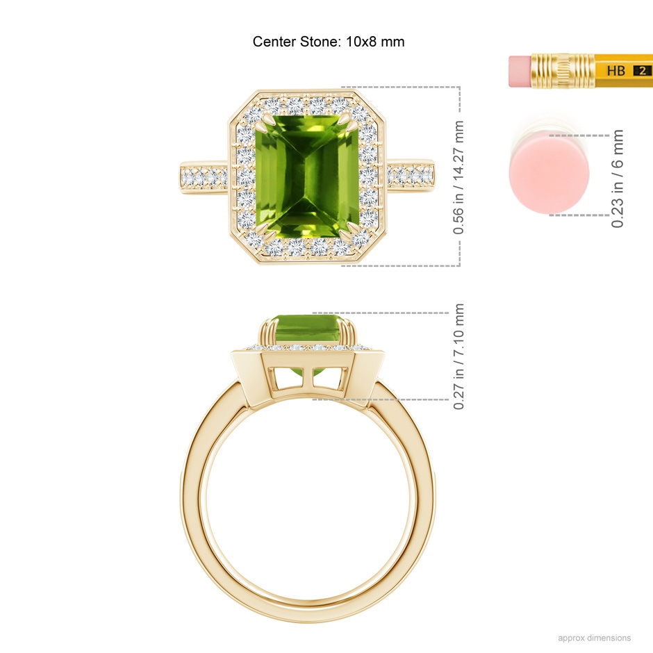 10x8mm AAAA Emerald-Cut Peridot Engagement Ring with Diamond Halo in Yellow Gold ruler