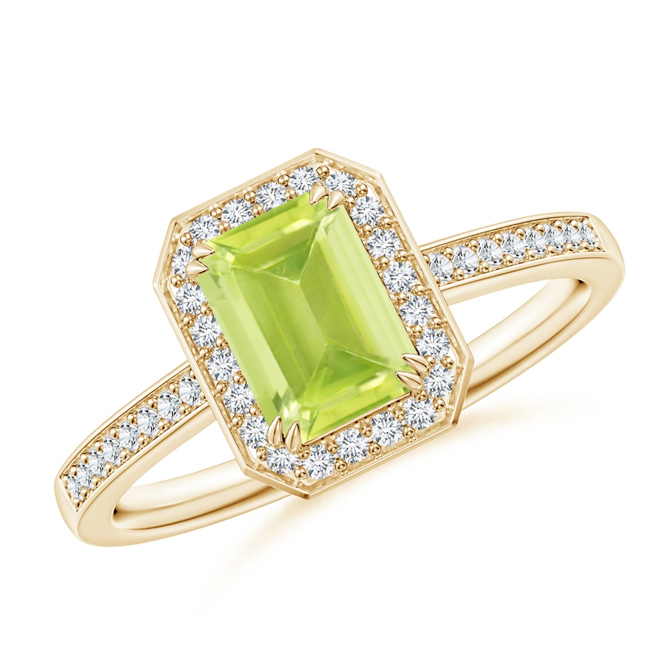 7x5mm A Emerald-Cut Peridot Engagement Ring with Diamond Halo in 9K Yellow Gold 