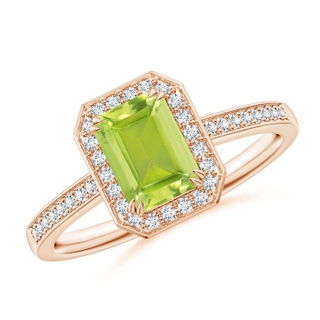 7x5mm AA Emerald-Cut Peridot Engagement Ring with Diamond Halo in Rose Gold