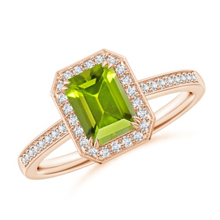 7x5mm AAA Emerald-Cut Peridot Engagement Ring with Diamond Halo in 10K Rose Gold