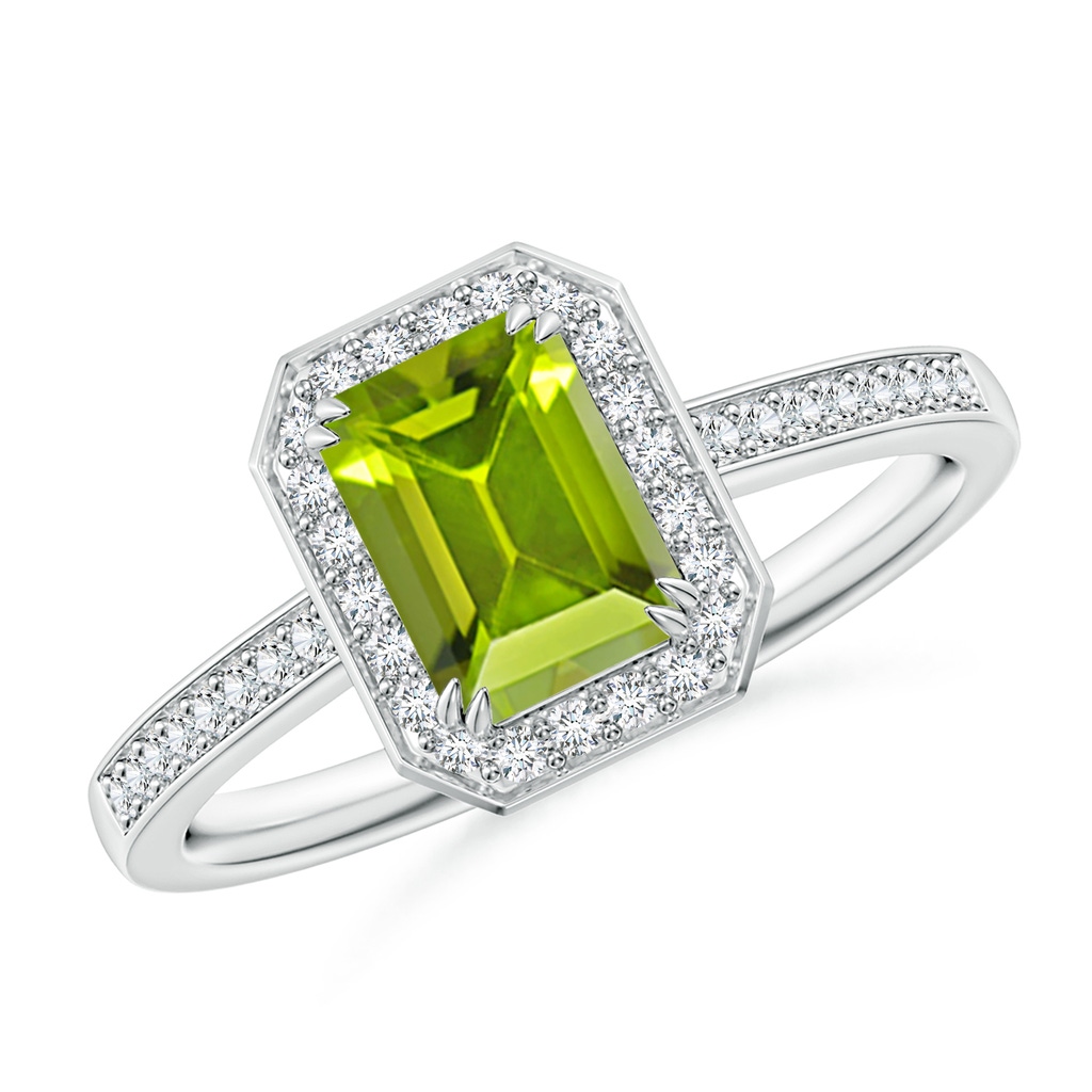 7x5mm AAA Emerald-Cut Peridot Engagement Ring with Diamond Halo in White Gold