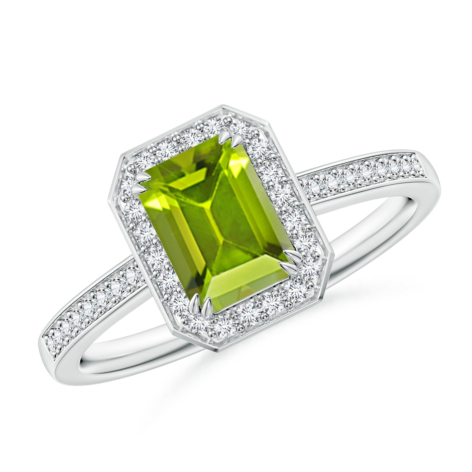 7x5mm AAA Emerald-Cut Peridot Engagement Ring with Diamond Halo in White Gold 