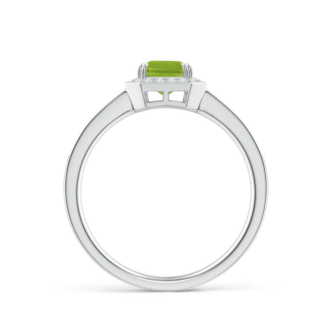 7x5mm AAA Emerald-Cut Peridot Engagement Ring with Diamond Halo in White Gold - side 3