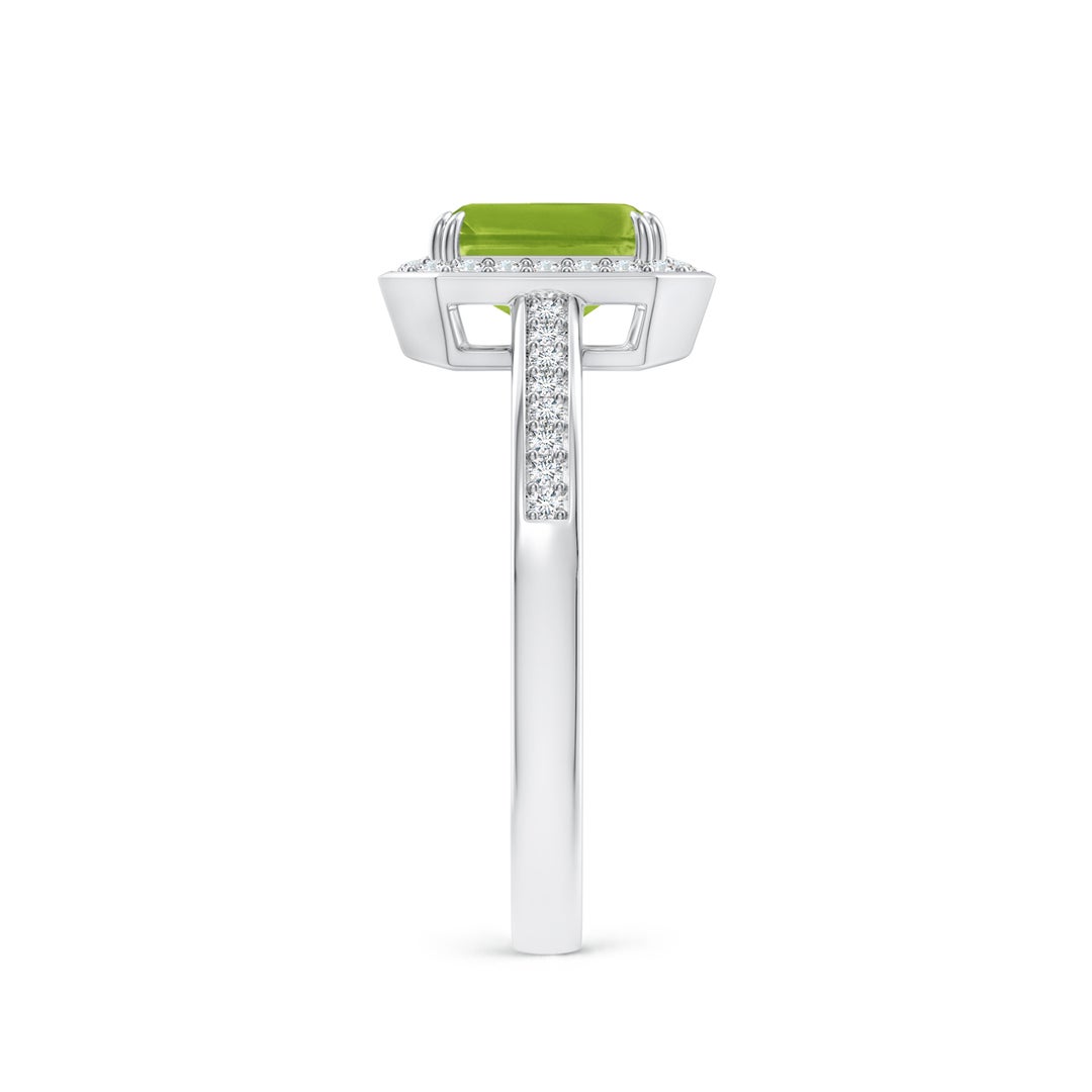 7x5mm AAA Emerald-Cut Peridot Engagement Ring with Diamond Halo in White Gold - side 5