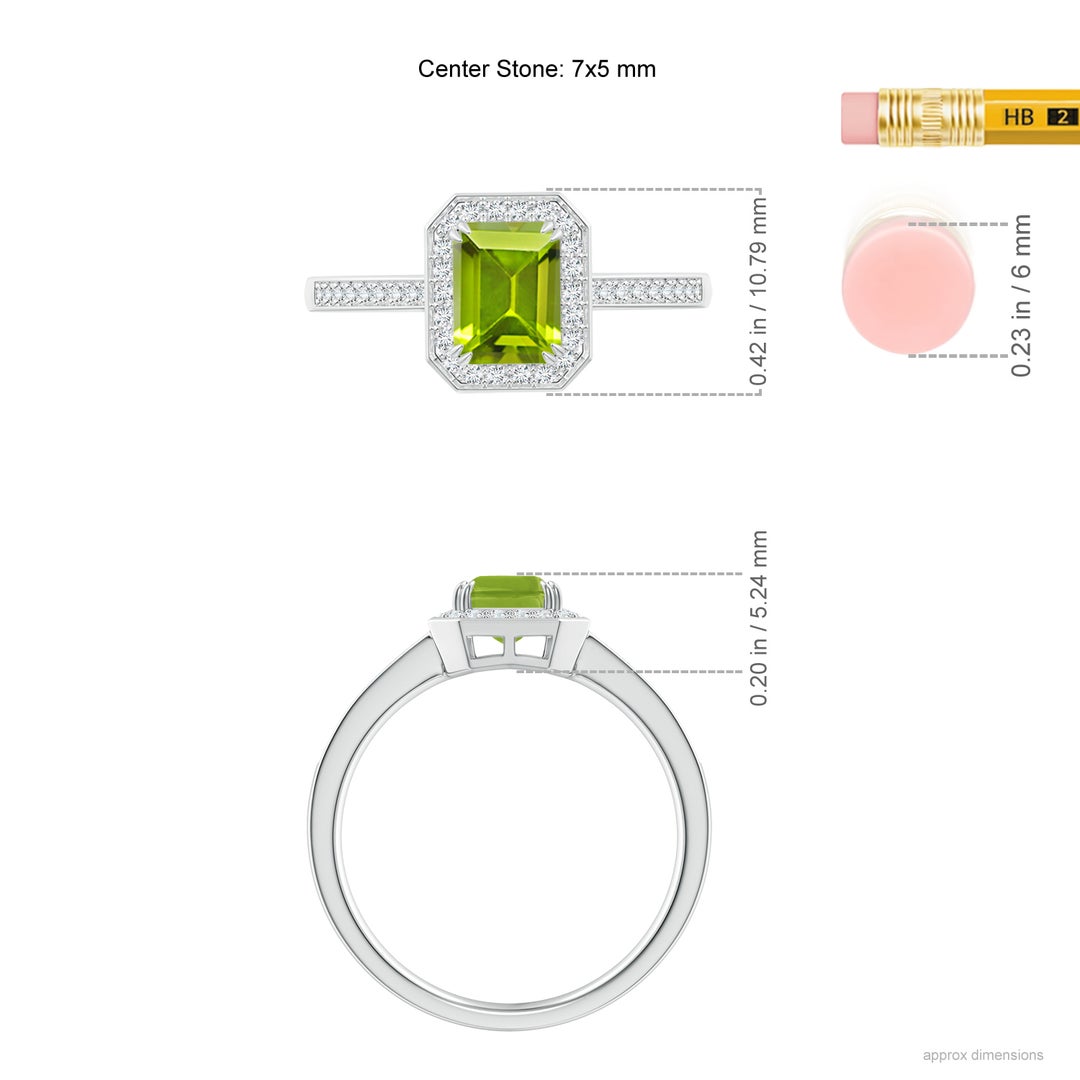 7x5mm AAA Emerald-Cut Peridot Engagement Ring with Diamond Halo in White Gold - ruler