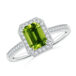 7x5mm AAAA Emerald-Cut Peridot Engagement Ring with Diamond Halo in P950 Platinum
