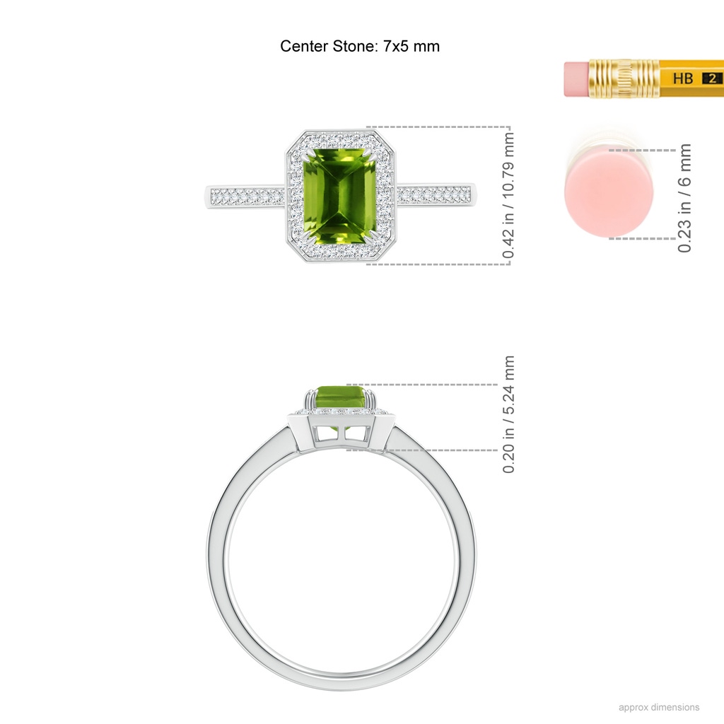 7x5mm AAAA Emerald-Cut Peridot Engagement Ring with Diamond Halo in P950 Platinum Ruler