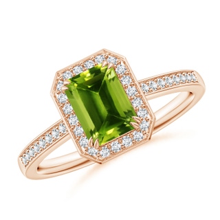 7x5mm AAAA Emerald-Cut Peridot Engagement Ring with Diamond Halo in Rose Gold