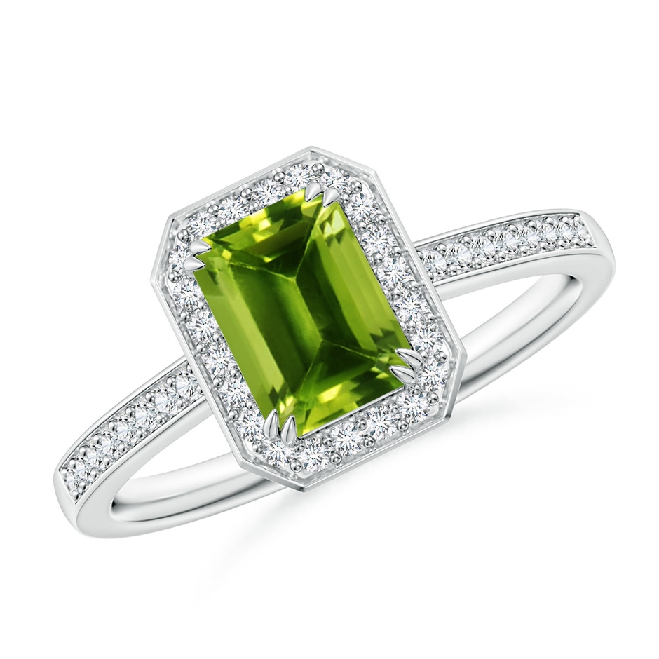 7x5mm AAAA Emerald-Cut Peridot Engagement Ring with Diamond Halo in White Gold 