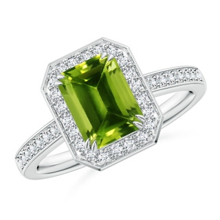 8x6mm AAAA Emerald-Cut Peridot Engagement Ring with Diamond Halo in P950 Platinum