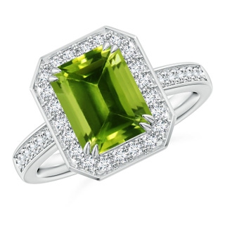 9x7mm AAAA Emerald-Cut Peridot Engagement Ring with Diamond Halo in P950 Platinum