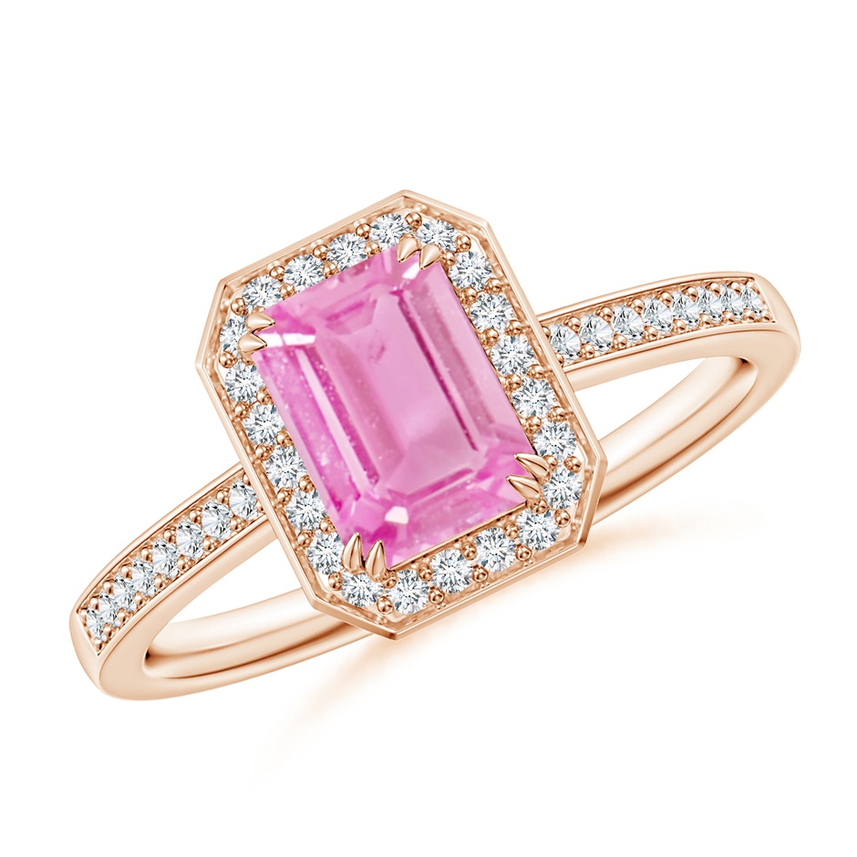 7x5mm A Emerald-Cut Pink Sapphire Engagement Ring with Diamond Halo in 9K Rose Gold 