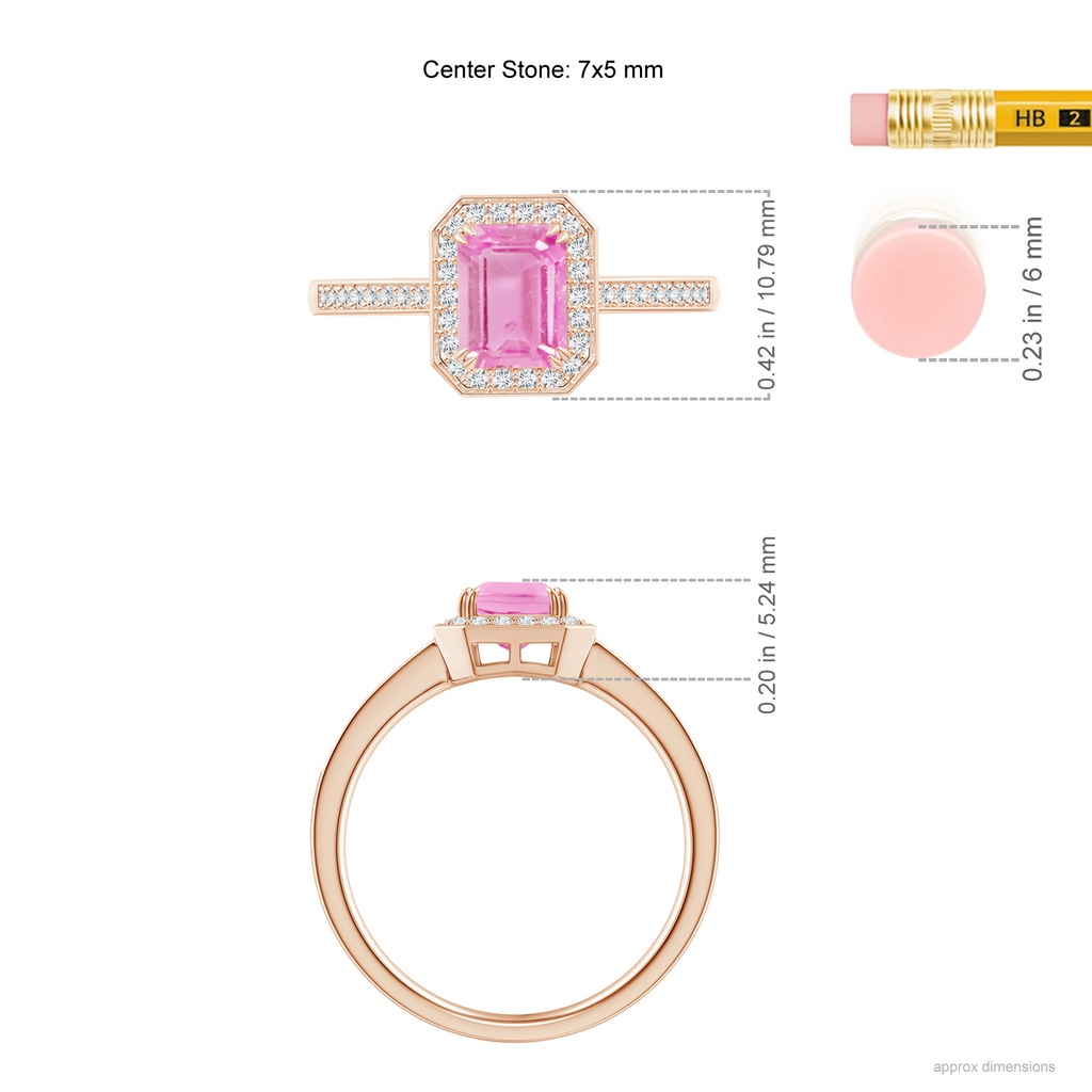 7x5mm A Emerald-Cut Pink Sapphire Engagement Ring with Diamond Halo in Rose Gold Ruler