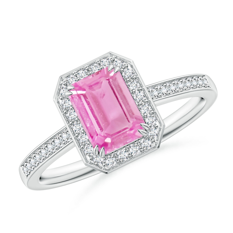 7x5mm A Emerald-Cut Pink Sapphire Engagement Ring with Diamond Halo in White Gold 