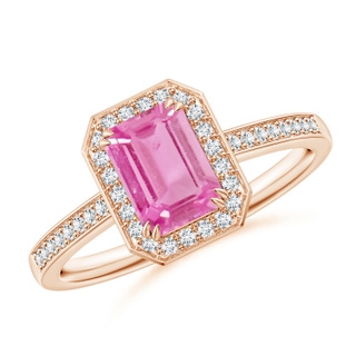 7x5mm AA Emerald-Cut Pink Sapphire Engagement Ring with Diamond Halo in 10K Rose Gold