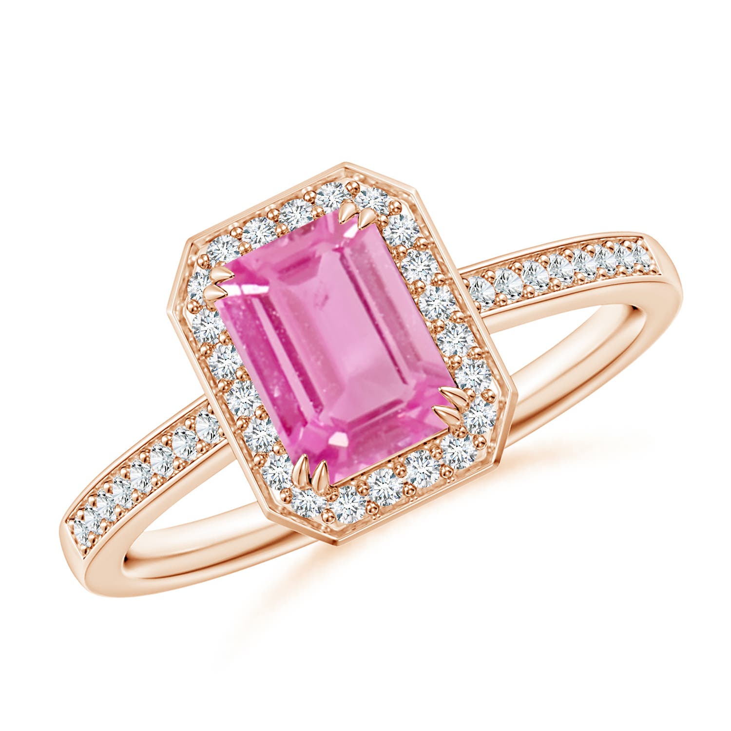 7x5mm AA Emerald-Cut Pink Sapphire Engagement Ring with Diamond Halo in 18CT Rose Gold