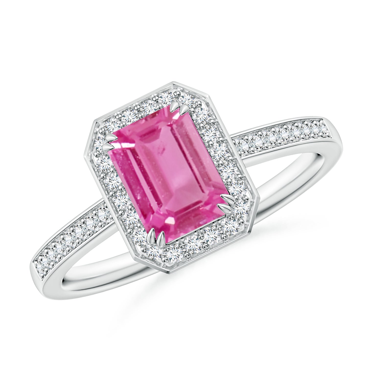 Emerald-Cut Pink Sapphire Engagement Ring with Diamond Halo