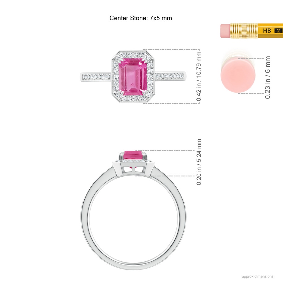 7x5mm AAA Emerald-Cut Pink Sapphire Engagement Ring with Diamond Halo in P950 Platinum ruler