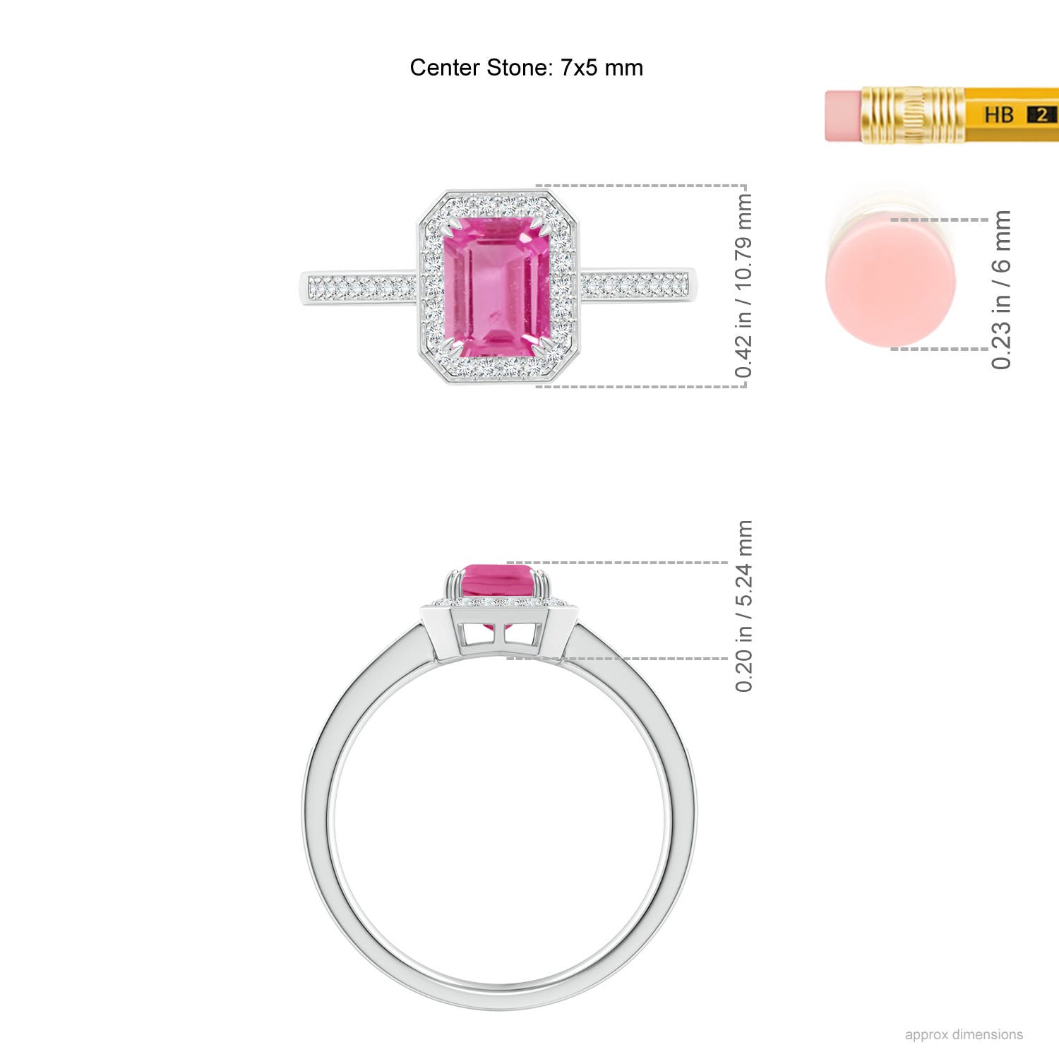 7x5mm AAA Emerald-Cut Pink Sapphire Engagement Ring with Diamond Halo in P950 Platinum - ruler
