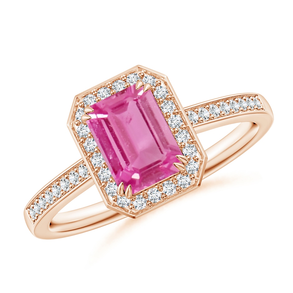 7x5mm AAA Emerald-Cut Pink Sapphire Engagement Ring with Diamond Halo in Rose Gold 