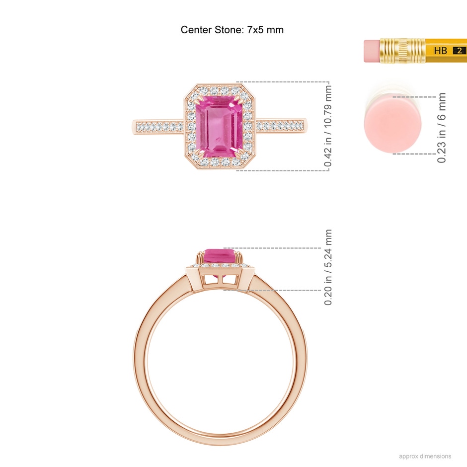 7x5mm AAA Emerald-Cut Pink Sapphire Engagement Ring with Diamond Halo in Rose Gold ruler