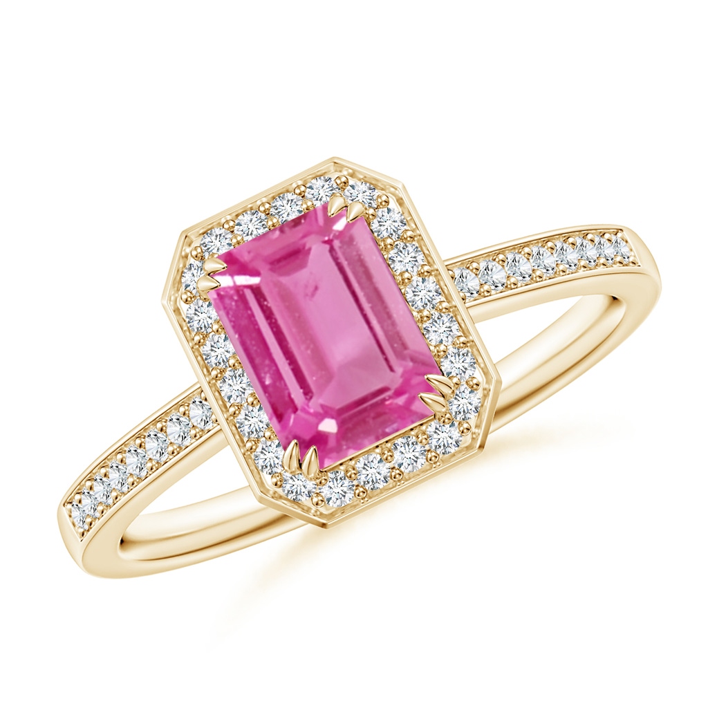 7x5mm AAA Emerald-Cut Pink Sapphire Engagement Ring with Diamond Halo in Yellow Gold