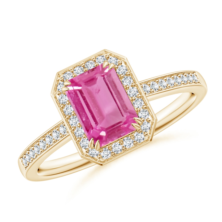 7x5mm AAA Emerald-Cut Pink Sapphire Engagement Ring with Diamond Halo in Yellow Gold 