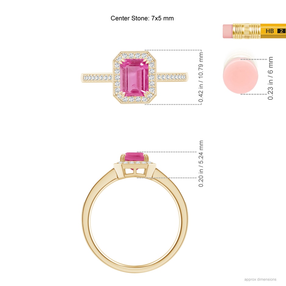 7x5mm AAA Emerald-Cut Pink Sapphire Engagement Ring with Diamond Halo in Yellow Gold ruler