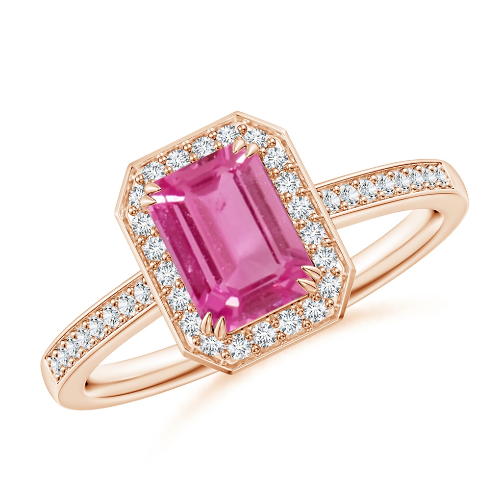 7x5mm AAAA Emerald-Cut Pink Sapphire Engagement Ring with Diamond Halo in Rose Gold
