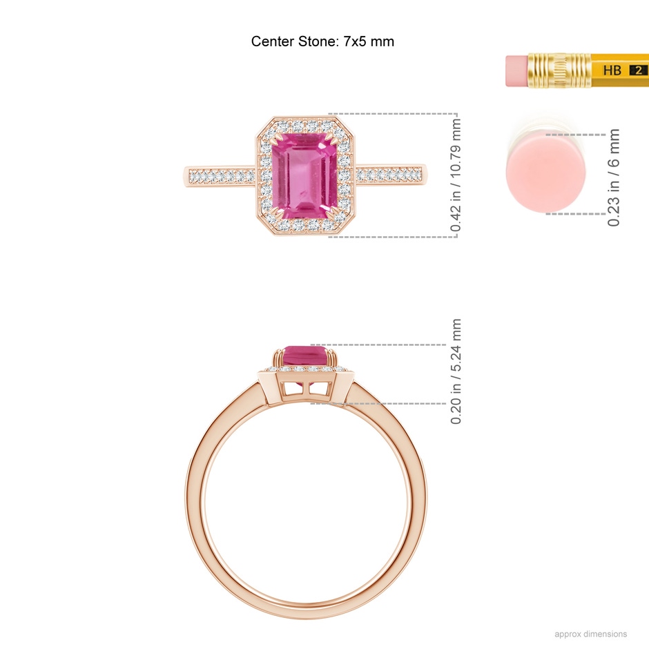 7x5mm AAAA Emerald-Cut Pink Sapphire Engagement Ring with Diamond Halo in Rose Gold ruler