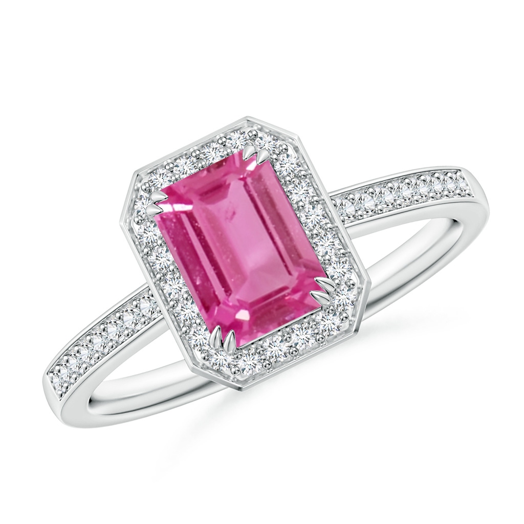 7x5mm AAAA Emerald-Cut Pink Sapphire Engagement Ring with Diamond Halo in White Gold