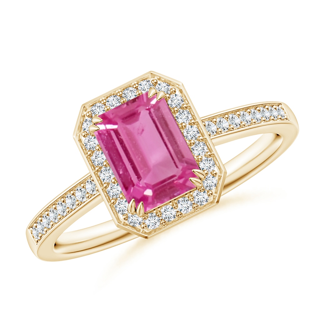 7x5mm AAAA Emerald-Cut Pink Sapphire Engagement Ring with Diamond Halo in Yellow Gold